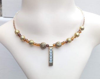 Perfect gift, gold-plated and rhinestone pendant necklace, gold metal beaded choker and yellow seed beads