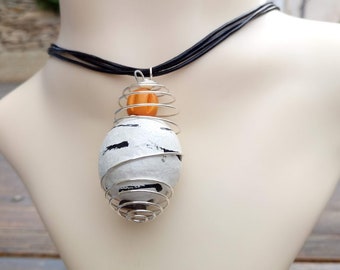 Perfect gift, black leather choker necklace, cage pendant, white ceramic, wood, coconut wood, nickel-free clip clasp