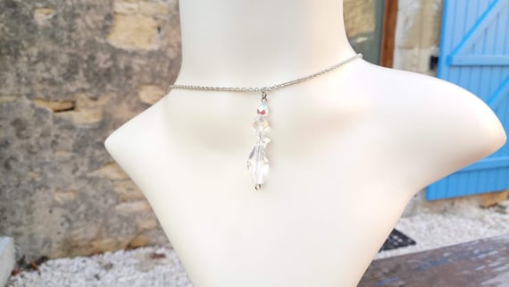 Cadeau parfait, collier pendentif perles de cristal transparent facettes, style minimaliste, chaîne fine argenté et fermoir mousqueton