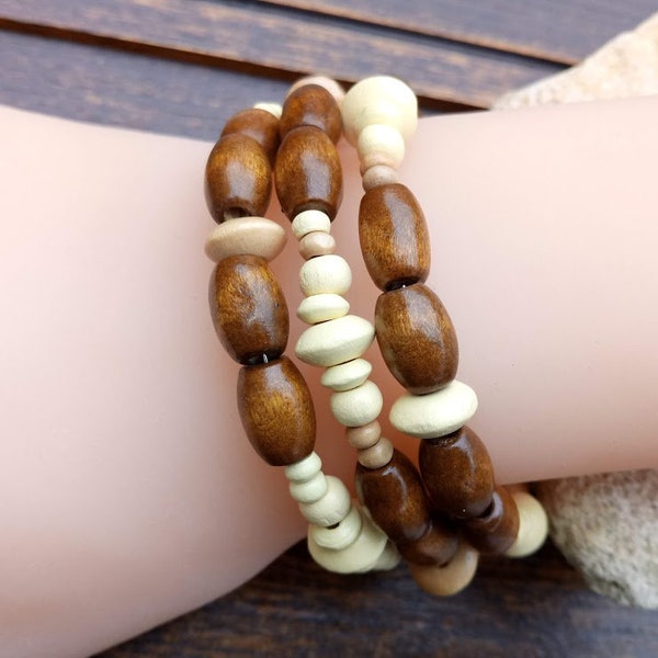 Perfect gift, Natural ethnic style spiral bracelet, ecru wood and medium oak, three rows on memory wire without clasp