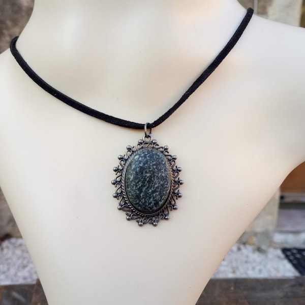 Perfect gift, matte black leather choker necklace, aged silver metal medallion cabochon pendant and beautiful varnished speckled gray pebble