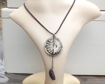 Perfect gift, natural sautoir necklace, ceramic pendant, quartz on bronze metal chain, with chocolate brown suede cord