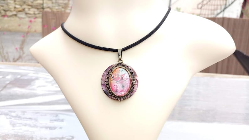 Pink double-sided necklace reversible pendant necklace baroque style necklace purple mother-of-pearl necklace leather neck collar