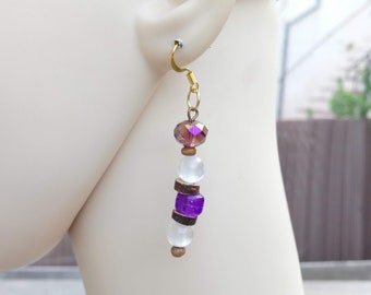 Perfect gift, moire faceted glass bead loops, white glass, coconut wood, wood and purple acrylic, nickel-free gold hooks