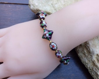 Cadeau parfait, Bracelet raffiné extensible rocailles et perles cloisonnées émail violet