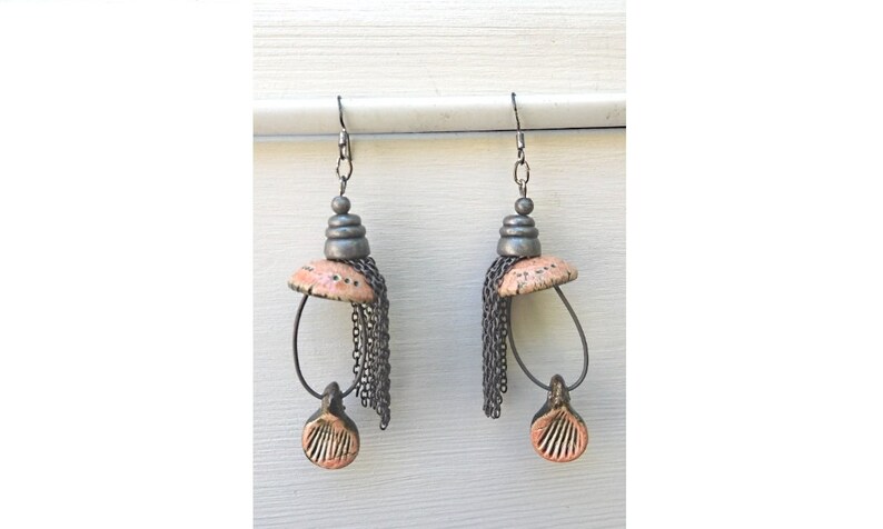Long ceramic earrings and aged silver metal with silver ties 925