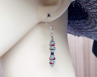 Perfect gift, gray hematite pearl earrings, multi-colored rhinestone rondelles, and black wooden beads, 925 silver hooks
