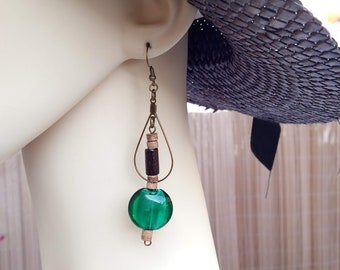 Perfect gift, Long earrings, green Lampwork glass, coconut wood and wood, with nickel-free bronze metal hook fasteners