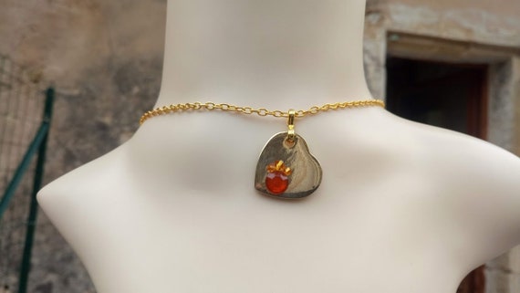 Cadeau parfait, Collier pendentif cœur cristal et strass, chaîne dorée fermoir mousqueton