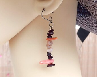 Perfect gift, garnet, opal and mother-of-pearl chip earrings, hypoallergenic stainless steel hook fasteners