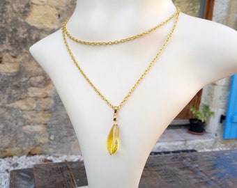Collar largo con colgante de lágrima de cristal amarillo, cadena de oro sin níquel, sin cierre.