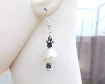 Perfect gift, white and black earrings, hematite and pearly white acrylic beads, nickel-free silver hooks