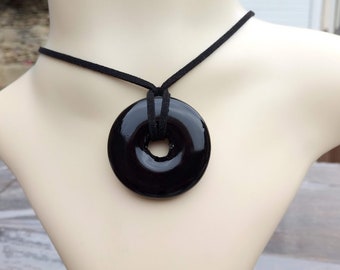 Perfect gift, donut pendant long necklace in genuine hematite, black suede cord