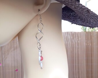 Perfect gift, silver swirl earrings, pink jasper beads, pearly white acrylic and white seed beads