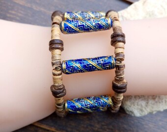 Perfect gift, Cuff bracelet in long cloisonné beads, blue and gold enamel, coconut wood round beads