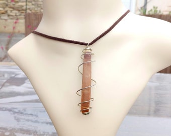 Perfect gift, imperial sea urchin tip pendant necklace in silver metal cage, chocolate suede cord, silver toggle clasp