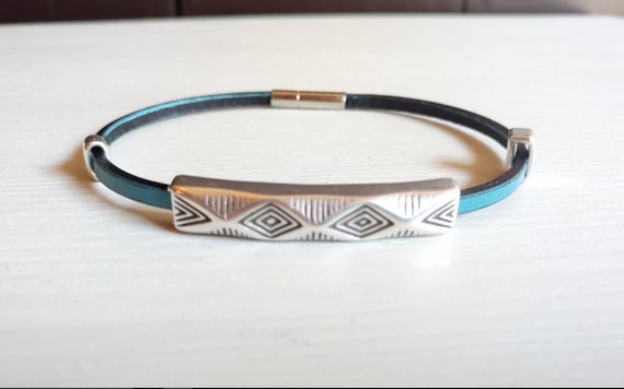 Cadeau parfait, Bracelet fête des pères, pour homme, en cuir bleu clair et métal argenté zamak, fermoir à clipser