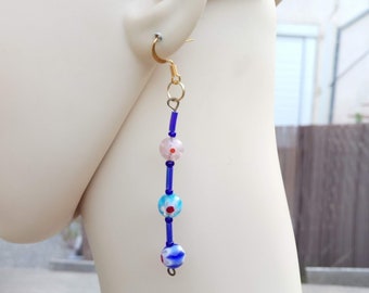 Perfect gift, blue seed bead earrings, colorful decorated glass beads, nickel-free bronze metal hook fasteners