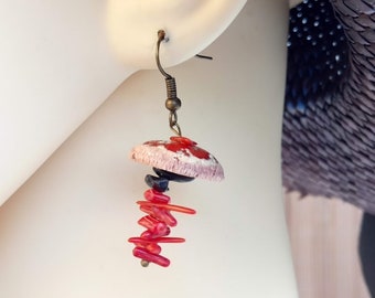 Perfect gift, ceramic pearl earrings, natural coral and obsidian, nickel-free bronze metal hook fasteners