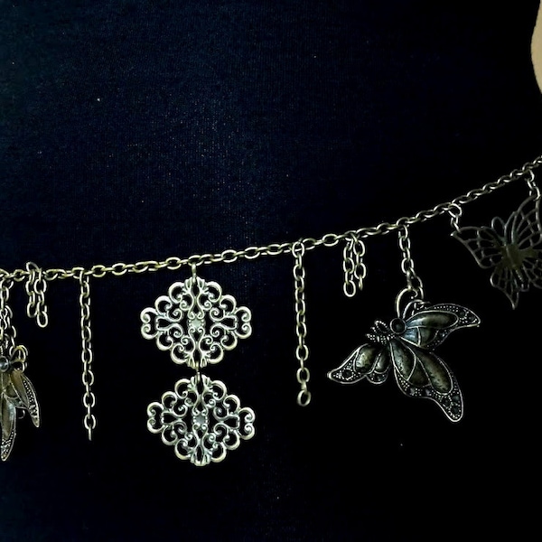 Perfect gift, Baroque fashion accessory jewel belt, butterfly and leaf charms, chain, prints and bronze chains