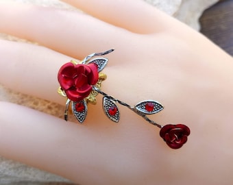 Perfect gift, two-rose cabochon ring in red metal with silver foliage and red rhinestones, double gold-plated brass support, adjustable