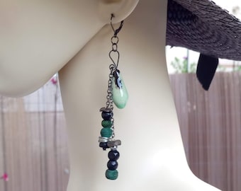 Perfect gift, raku ceramic earrings by PerlaYo, green and black wood, acrylic and silver metal, 925 silver sleepers