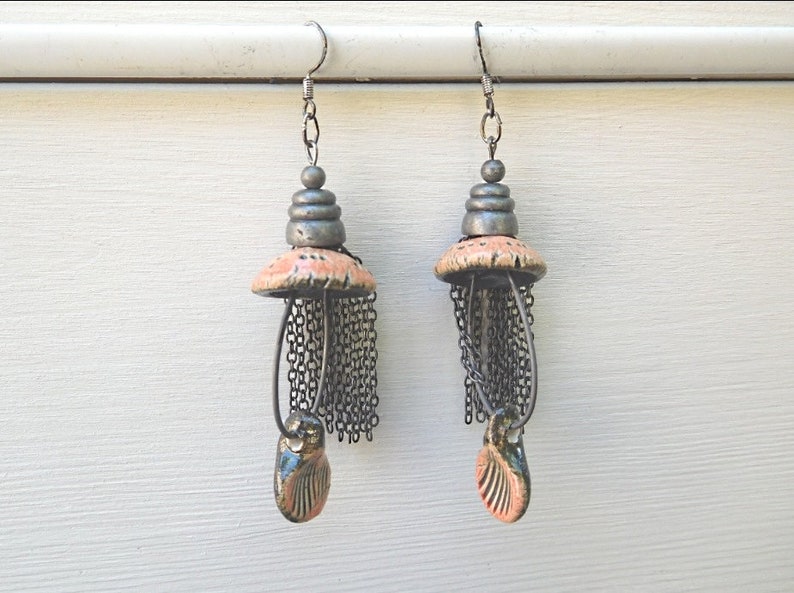 Long ceramic earrings and aged silver metal with silver ties 925