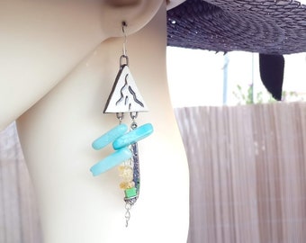 Perfect gift, mismatched earrings with ceramic beads, Tibetan silver, amazonite citrine jade chips, and 925 silver findings