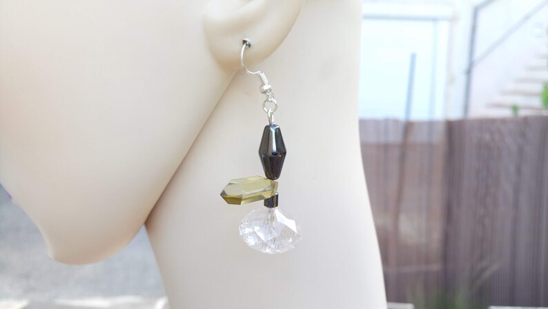 Perfect gift, Hematite earrings, green and transparent glass pearl, nickel-free silver metal hook fasteners image 1