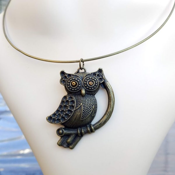 Perfect gift, Owl pendant choker necklace in nickel-free bronze metal