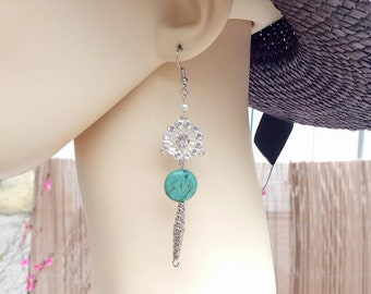 Perfect gift, genuine turquoise earrings, silver metal and rhinestone elements, nickel-free silver fasteners