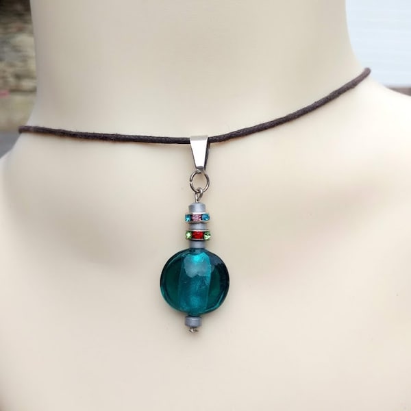 Perfect gift, blue Lampwork glass pendant necklace, raw hematite, multicolored rhinestones, brown cotton choker, carabiner clasp