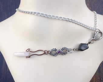 Cadeau parfait, Bijou quartz rose, agate noire, ou bijou de sac breloque fermeture éclair, breloque strass et chaîne offerte