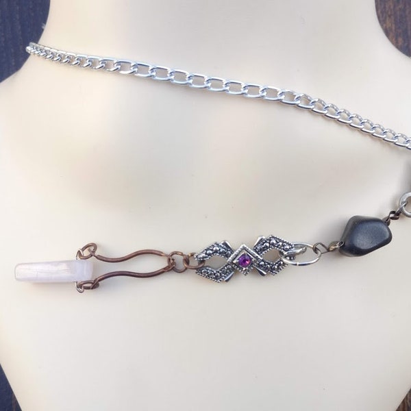 Cadeau parfait, Bijou quartz rose, agate noire, ou bijou de sac breloque fermeture éclair, breloque strass et chaîne offerte