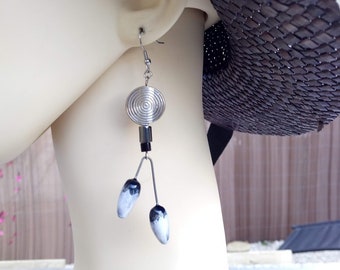 Perfect gift, black and blue ceramic earrings, hematite, black glass cube beads, and flat silver metal beads