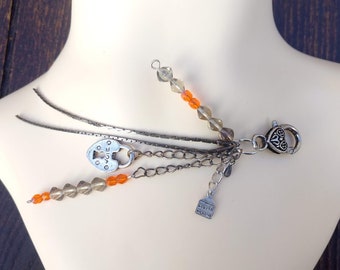 Perfect gift, jewelry or bag charm, silver and orange charms, heart padlock, orange crystal, "made with love", transparent glass