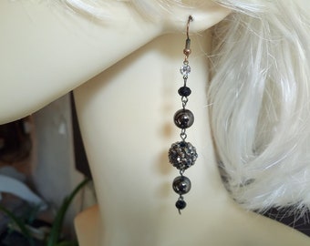 Perfect gift, rhinestone earrings, faceted beads, black crystal beads, silver acrylic beads, nickel-free copper hooks