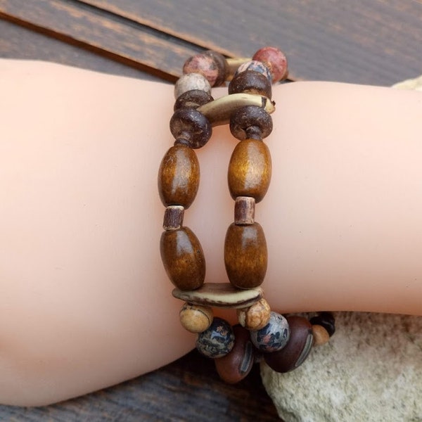 Perfect gift, double strand stretchy cuff bracelet, oblong and round wooden beads, jasper, acacia and pea seeds