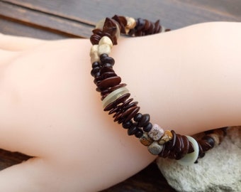 Perfect gift, Natural landscape jasper bracelet, wooden beads, Monval buttons and seeds, without clasp, it holds on its own