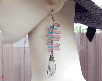 Perfect gift, Long earrings, pink and blue glass, and MooCreation ceramic beads, on 925 silver clips