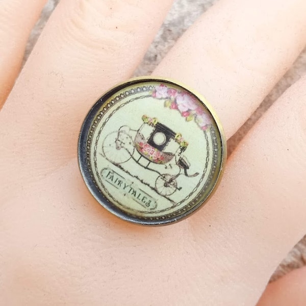 Cadeau parfait, Grande bague cabochon image calèche antique et romantique, support ajustable double anneau métal bronze sans nickel