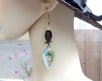 Perfect gift, Ceramic bead earrings with face patterns, wood, nickel-free hypoallergenic stainless steel fasteners