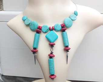 Perfect gift, real turquoise cascade bib necklace and burgundy wooden beads, magnetic clasp