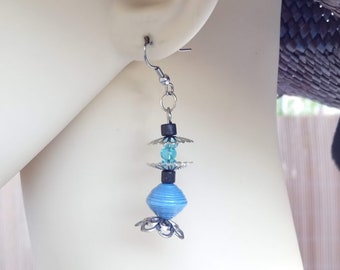 Perfect Gift, Mid-length earrings, blue varnished paper beads Beacreationartisanat, Tibetan silver, glass, wood, stainless steel