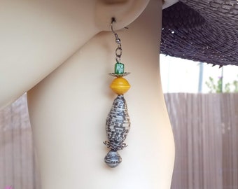 Perfect gift, paper bead earrings, yellow and grey, Tibetan silver, glass, stainless steel findings