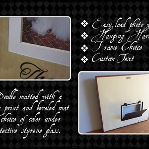 May include: A double matted picture frame with a custom print and beveled mat. The frame has an easy load photo window, hanging hardware, and a choice of frame colors. The text "Double matted with a custom print and beveled mat in choice of color under protective styrene glass." is written below the frame. The text "Easy load photo window Hanging Hardware Frame Choice Custom Text" is written on the right side of the image.