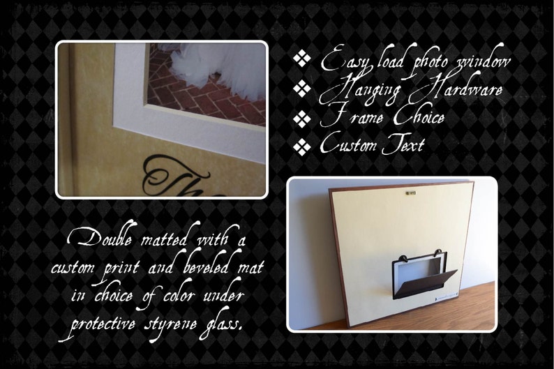 May include: A double matted picture frame with a custom print and beveled mat. The frame has an easy load photo window, hanging hardware, and a choice of frame colors. The text "Double matted with a custom print and beveled mat in choice of color under protective styrene glass." is written below the frame. The text "Easy load photo window Hanging Hardware Frame Choice Custom Text" is written on the right side of the image.
