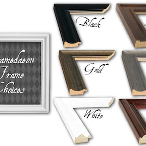 May include: Six different frame choices for a picture or artwork. The frames are in the colors black, mocha, gold, silver, white, and cherry.