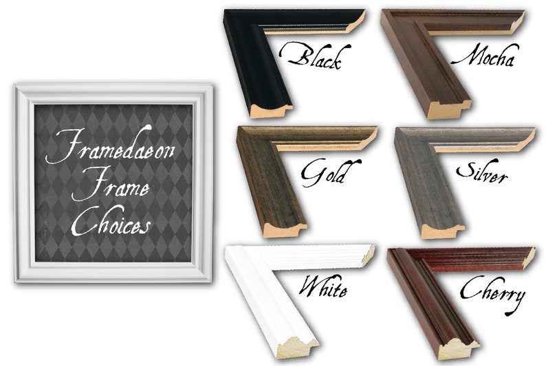 May include: Six different frame choices for a picture or artwork. The frames are in the colors black, mocha, gold, silver, white, and cherry.