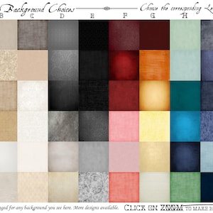 May include: A chart with 6 rows and 10 columns of different colored and textured backgrounds. The chart is labeled "Framodason Background Choices" and "Choose the corresponding Letter & Number".